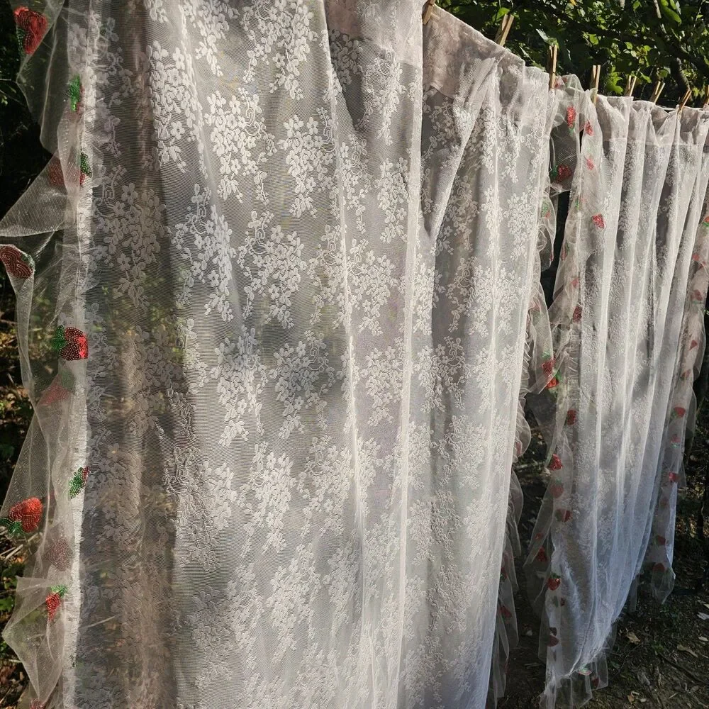 Sweet Strawberry Sequin Lace Curtains Cottagecore Floral Ruffled Tulle 58